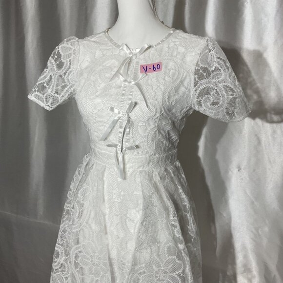 Dazy Vintage-Inspired White Lace Midi Dress Size S With Short Sleeves & Bow Acce - Picture 10 of 11